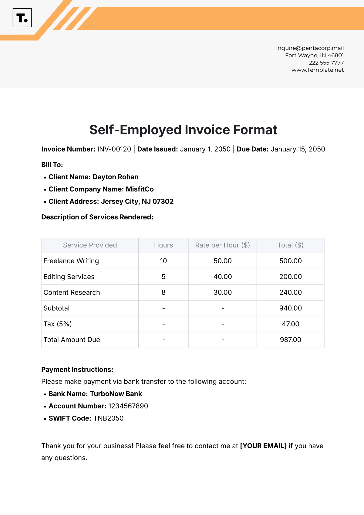 Example Self-employed Invoice Template Example Self-employed Invoice Template