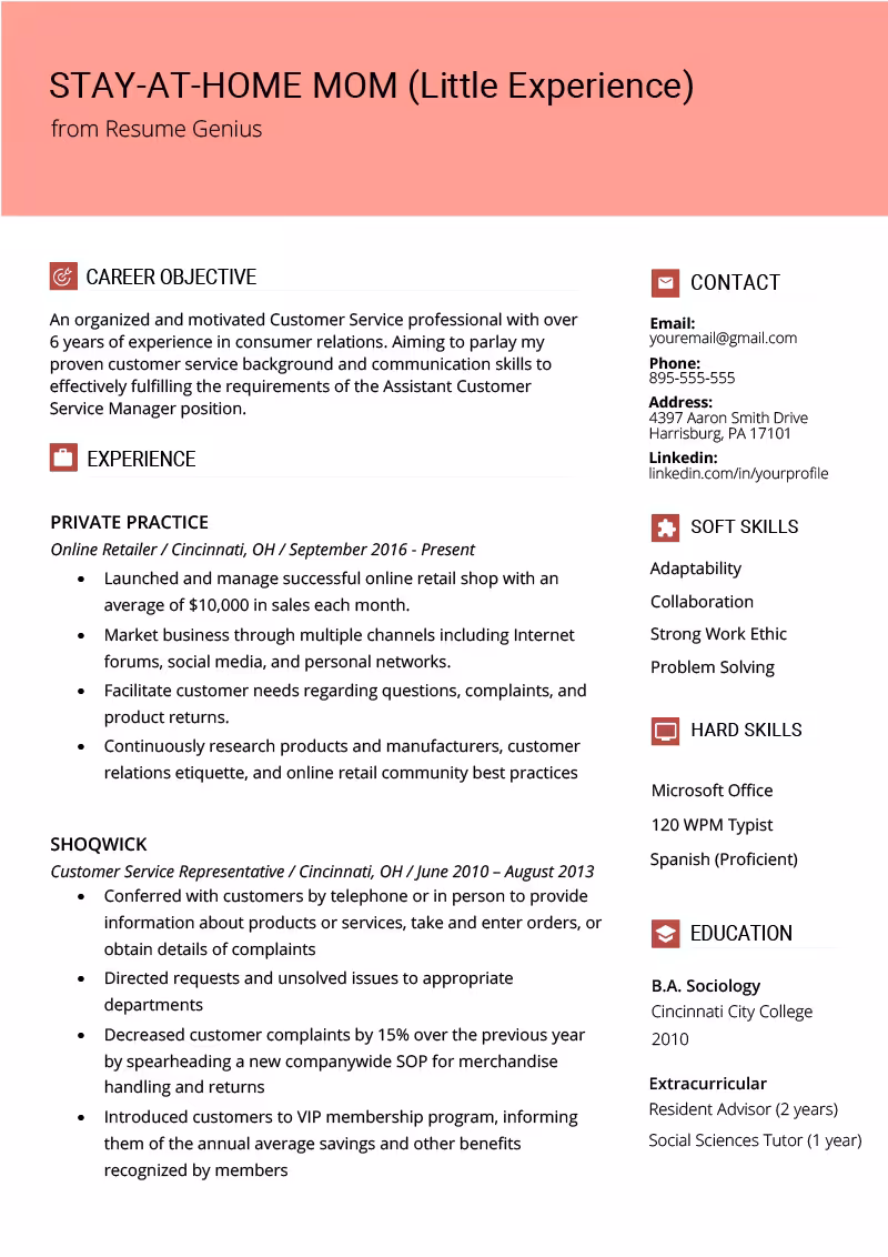 Example Stay-At-Home Mom Resume Template Example Stay-At-Home Mom Resume Template