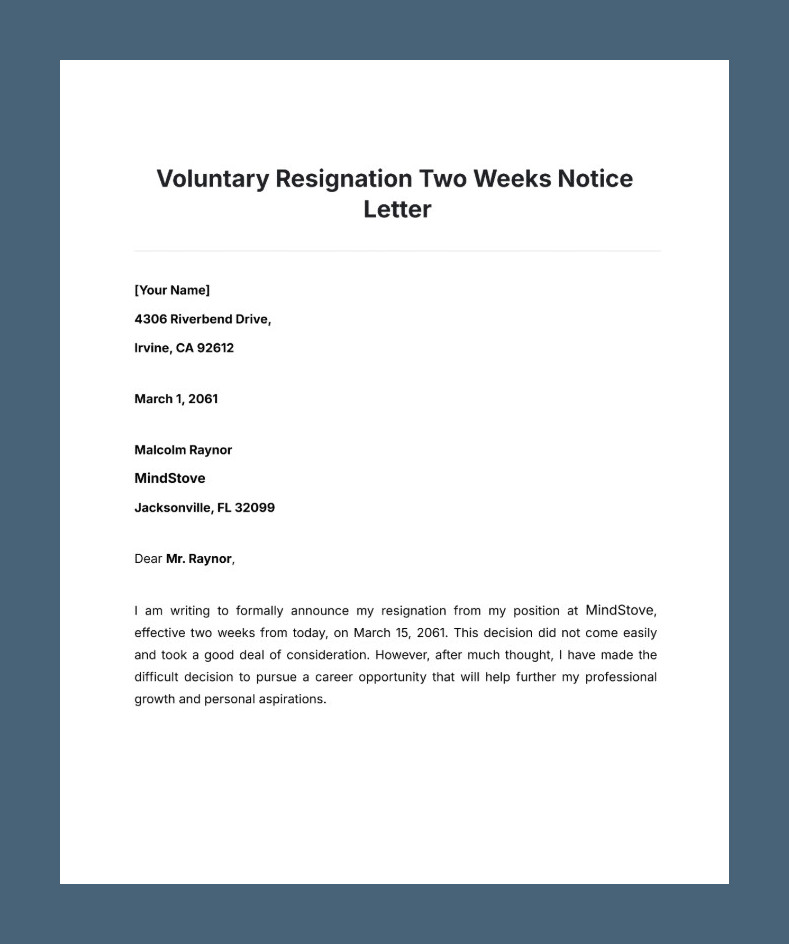 Example Two-Week Notice Resignation Letter Template Example Two-Week Notice Resignation Letter Template