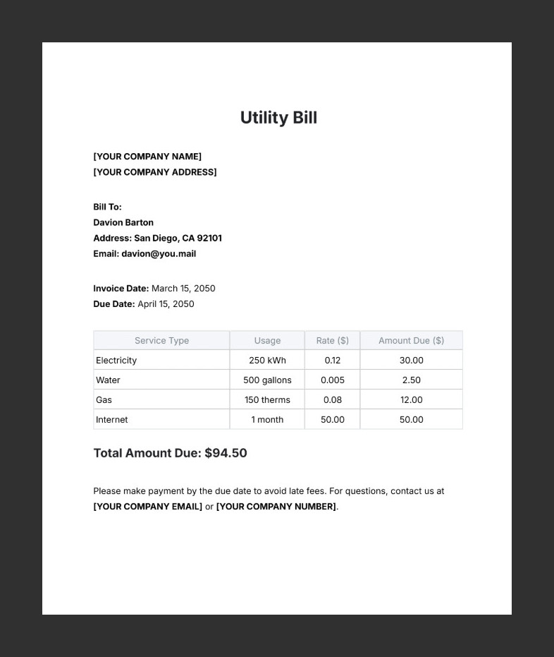 Example Utility Bill Template Example Utility Bill Template
