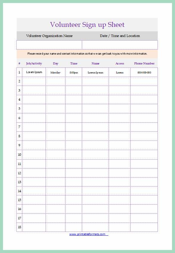 Example Volunteers Sign-up Sheet Template Example Volunteers Sign-up Sheet Template