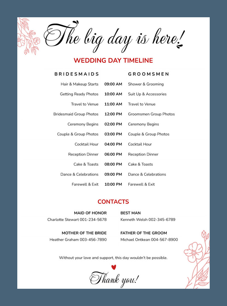 Example Wedding Schedule Template Example Wedding Schedule Template