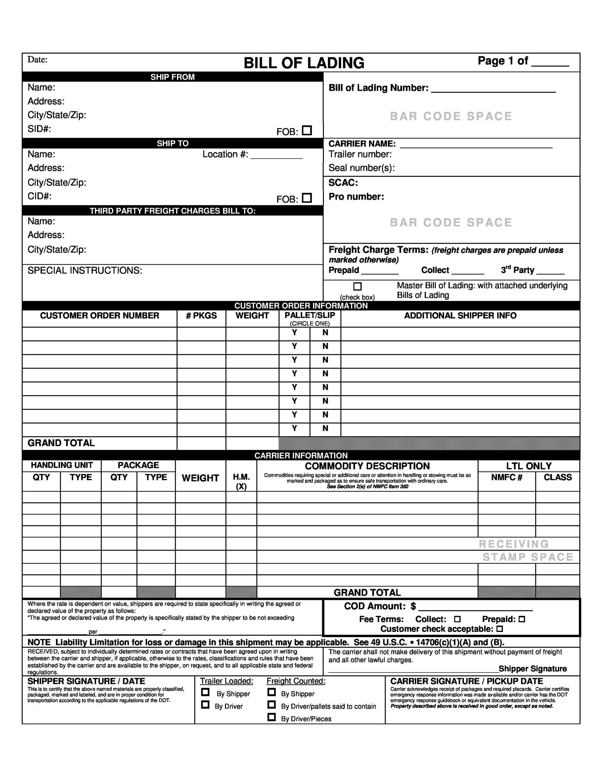 Example of Bill of Lading Form Example of Bill of Lading Form