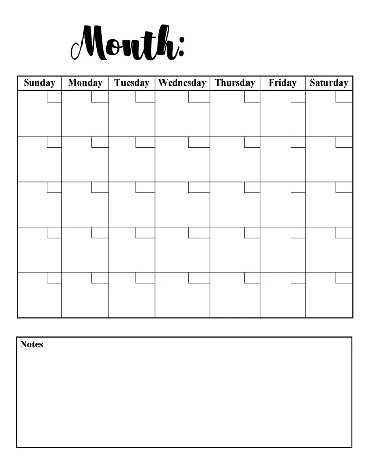 Example of Blank Monthly Calendar Template