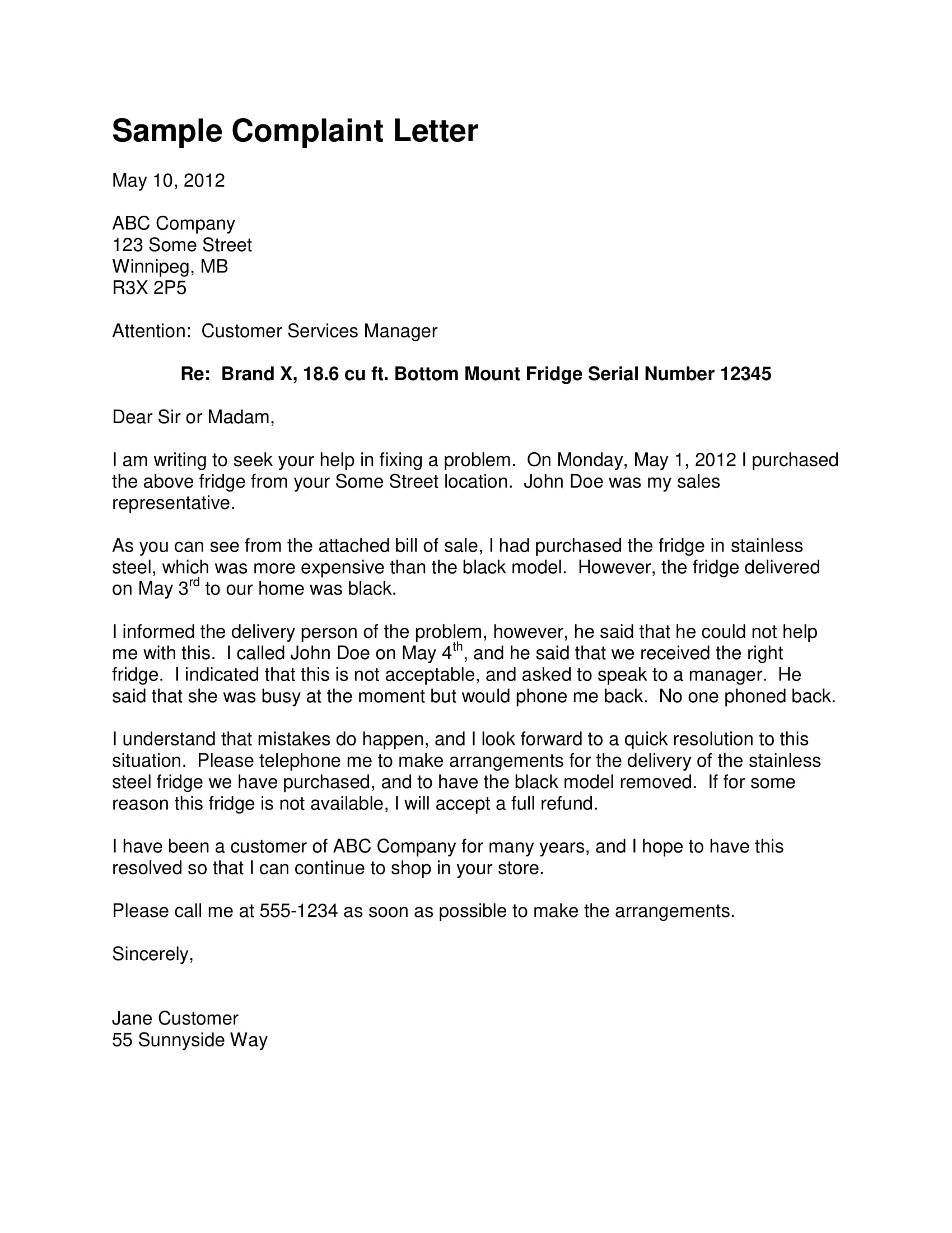 Example of Letter of Complaint Template Example of Letter of Complaint Template