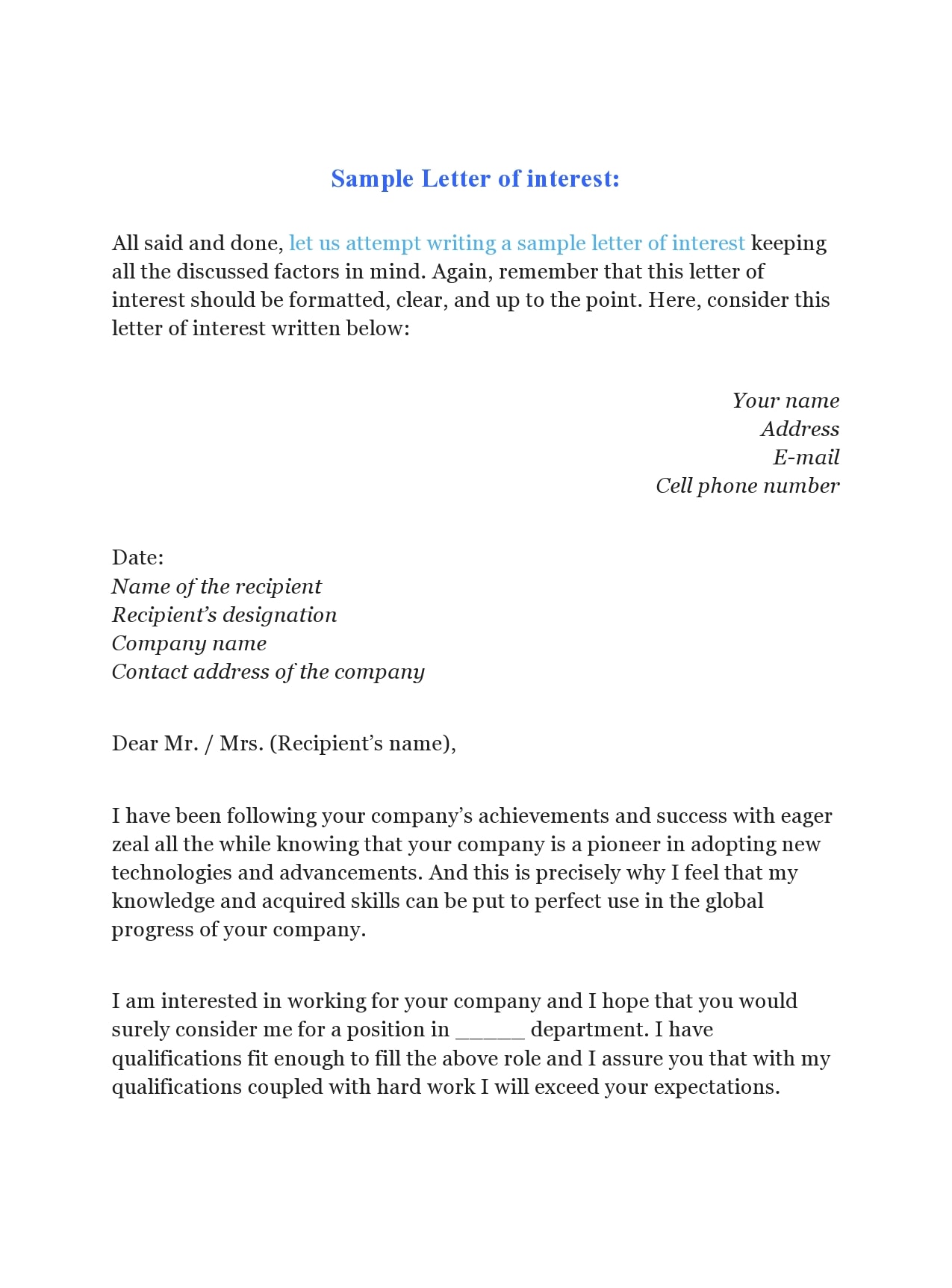 Example of Letter of Interest for a Job Template
