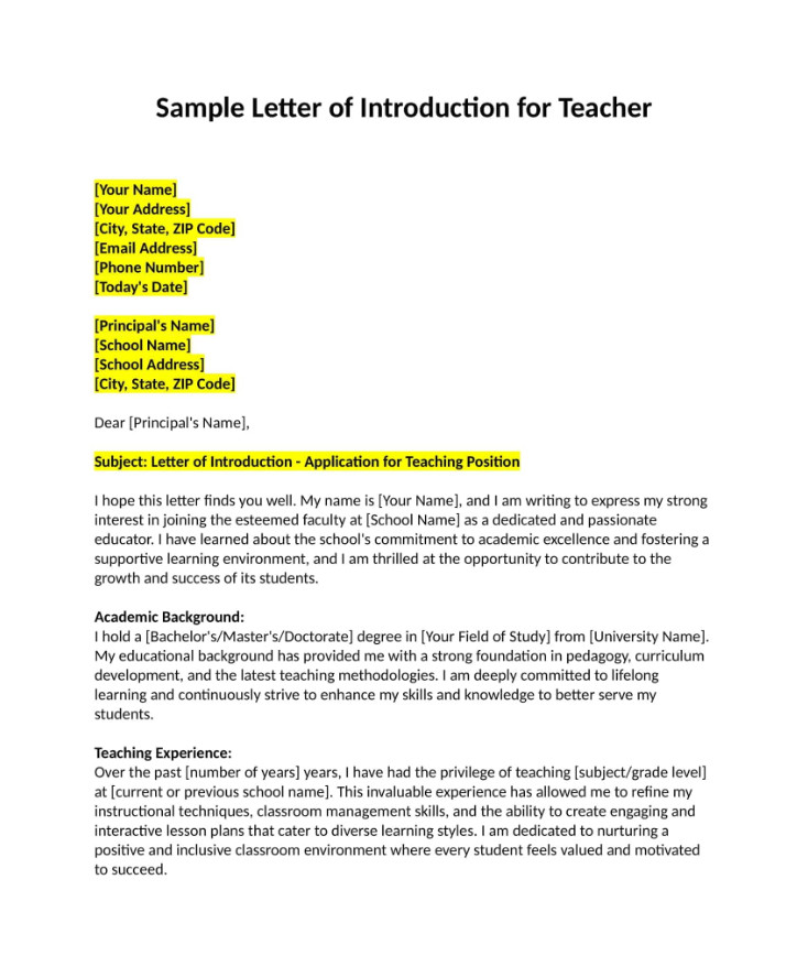 Example of Letter of Introduction for Teacher Example of Letter of Introduction for Teacher