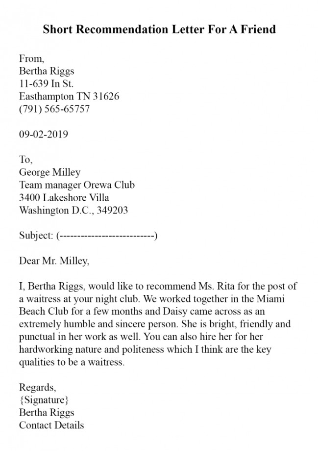 Example of Letter of Recommendation for a Friend Template