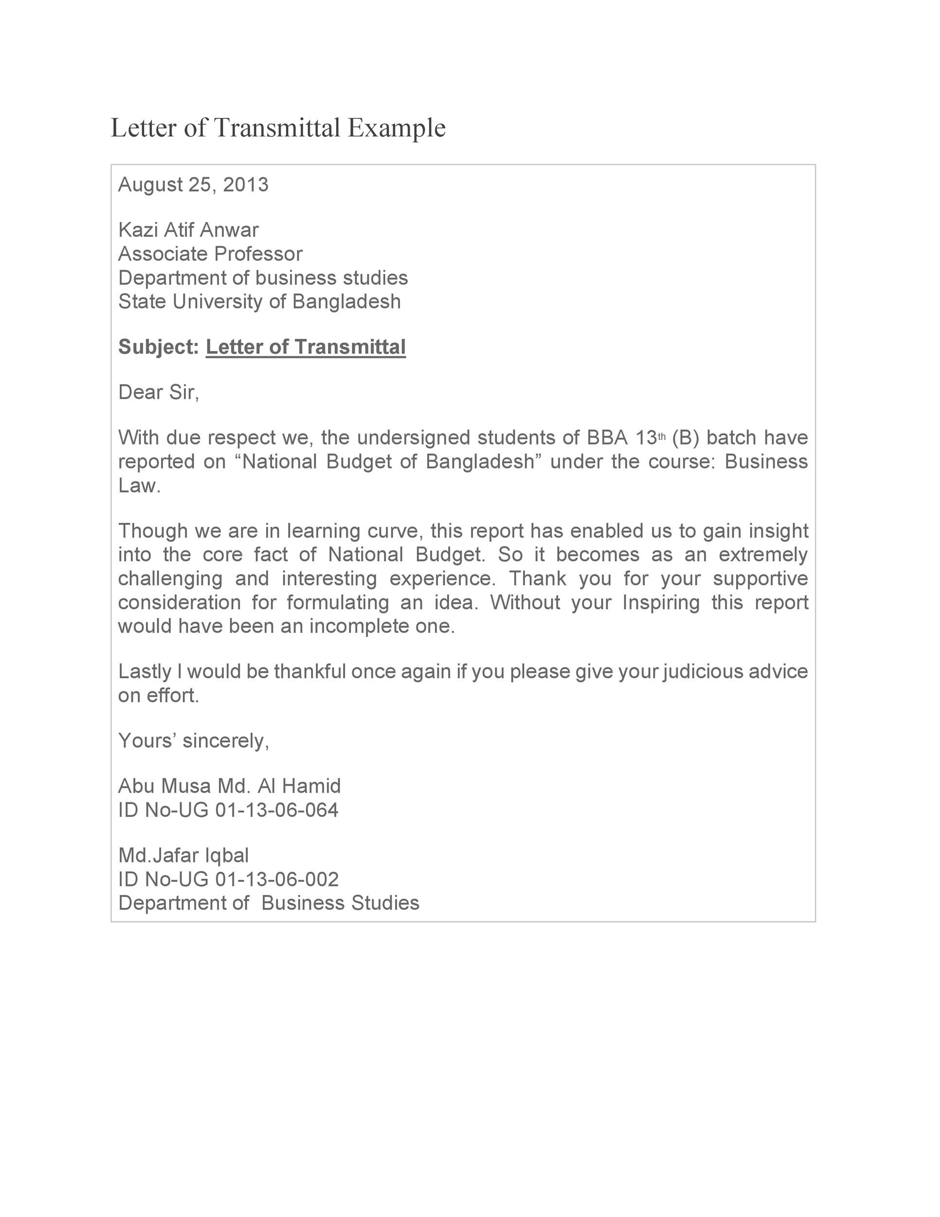Example of Letter of Transmittal Template