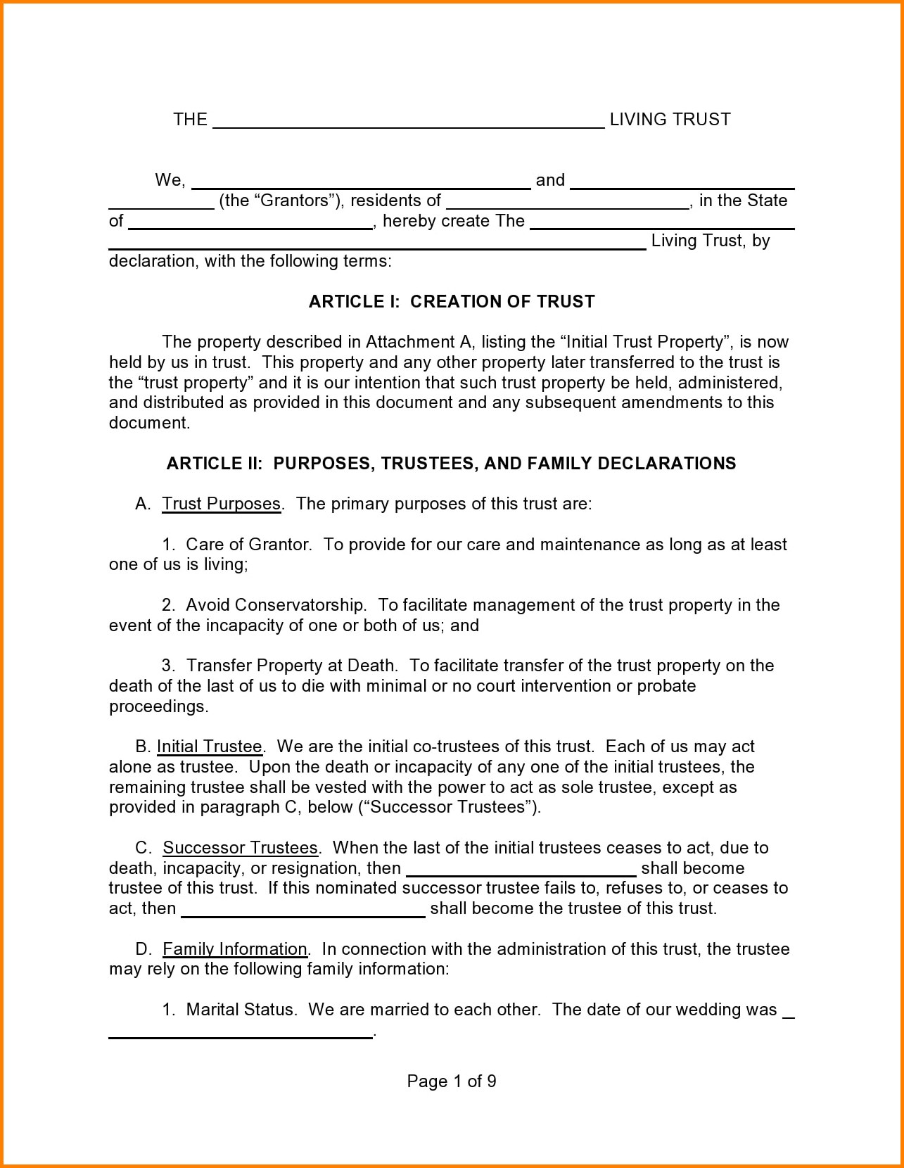 Example of Living Trust Form Example of Living Trust Form