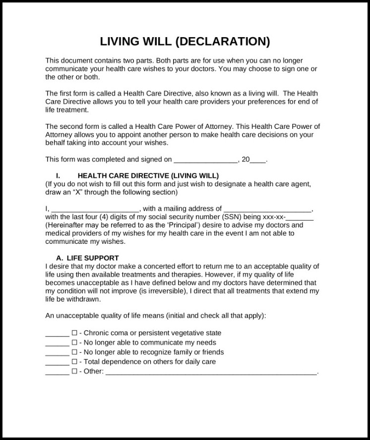 Example of Living Will Form Example of Living Will Form