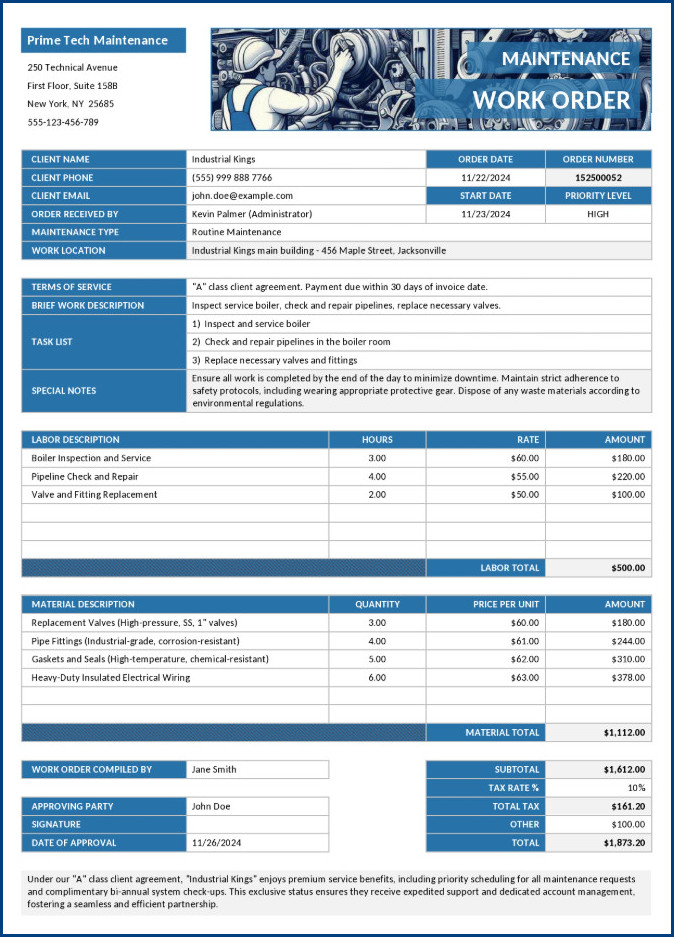 Example of Maintenance Work Order Template
