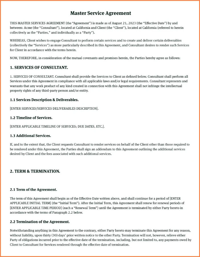 Example of Master Service Agreement Template