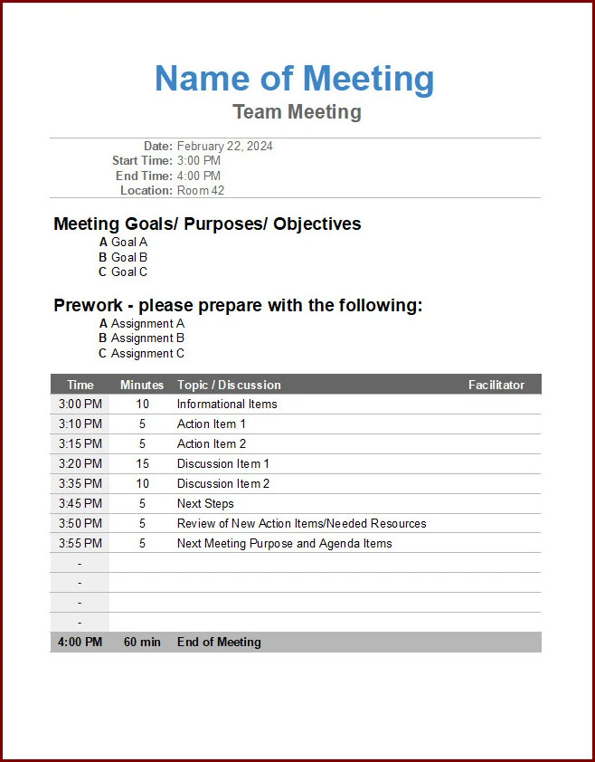 Example of Meeting Schedule Template