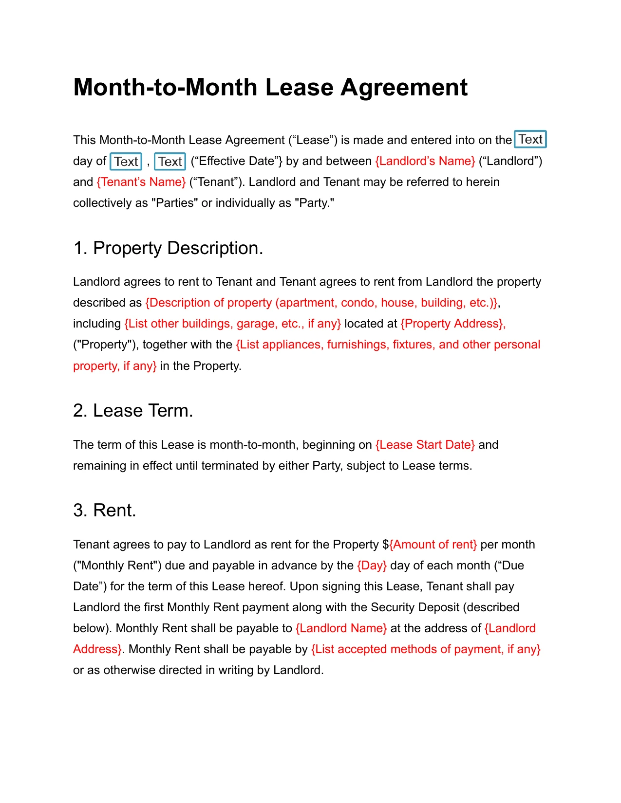 Example of Month-to-month Lease Agreement Template