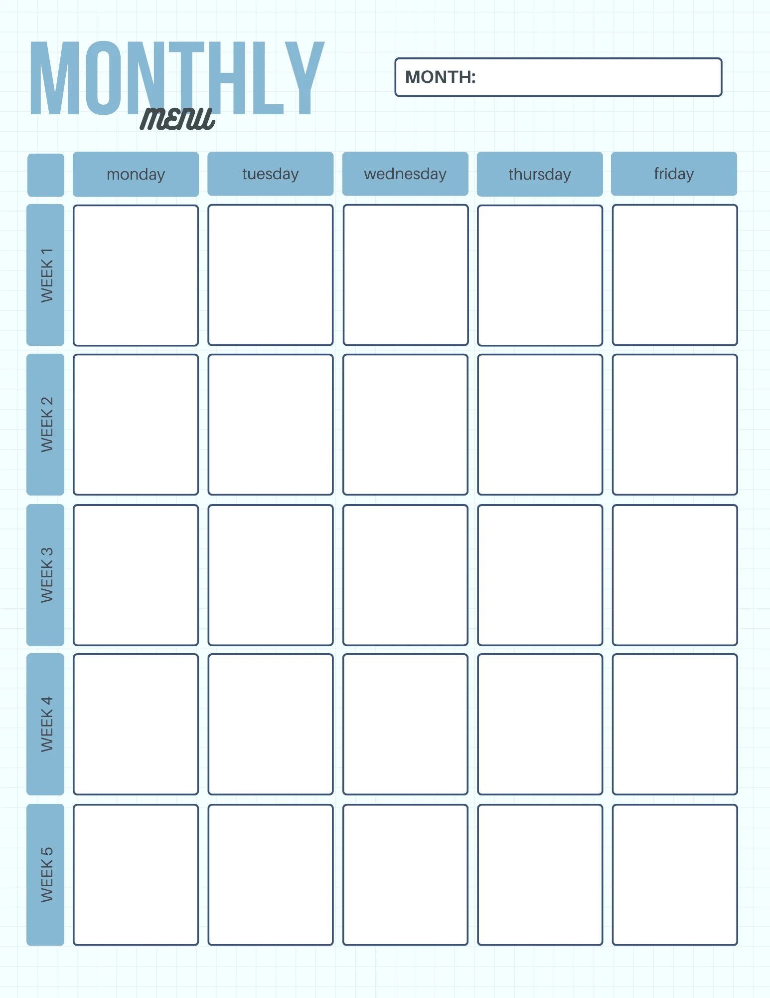 Example of Monthly Meal Planner Template