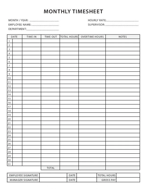 Example of Monthly Timesheet Template