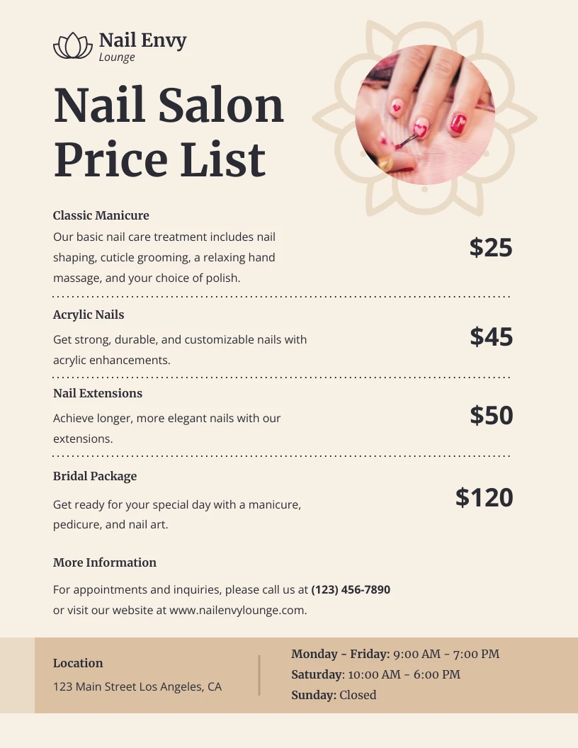 Example of Nail Salon Price List Template Example of Nail Salon Price List Template