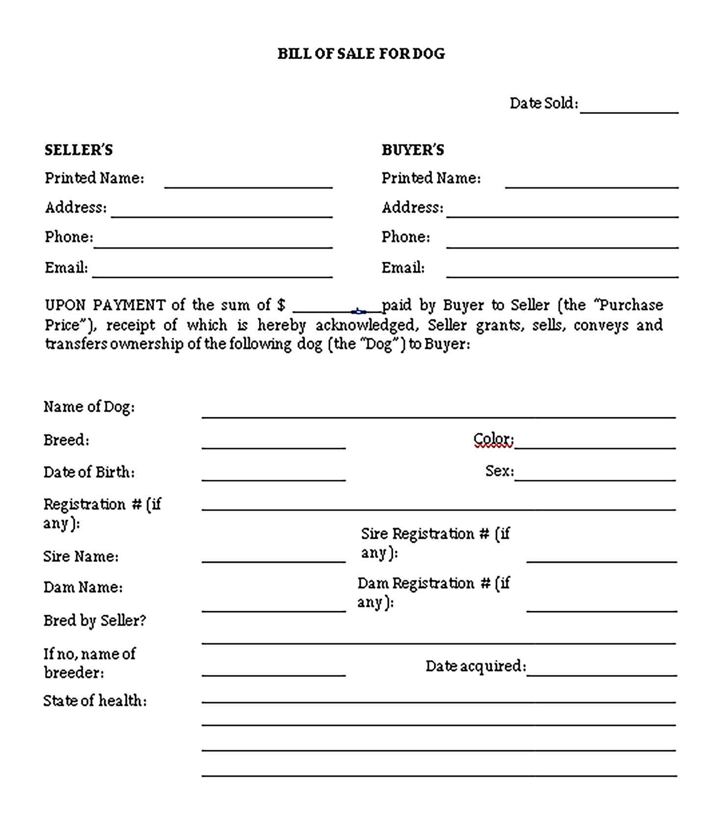 Example of Printable Dog Bill of Sale Form Example of Printable Dog Bill of Sale Form