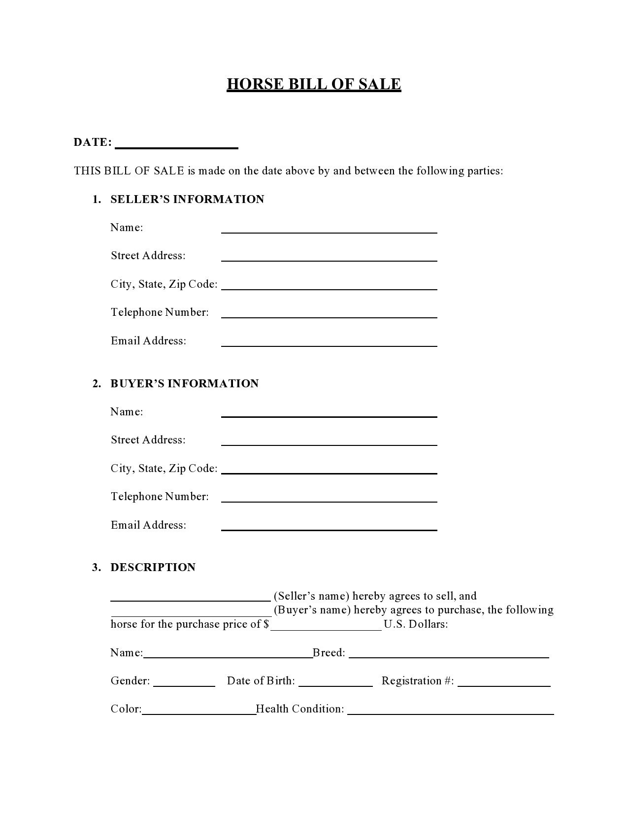 Example of Printable Horse Bill of Sale Template Example of Printable Horse Bill of Sale Template