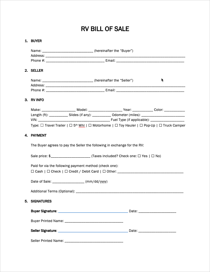 Example of Printable RV Bill of Sale Form