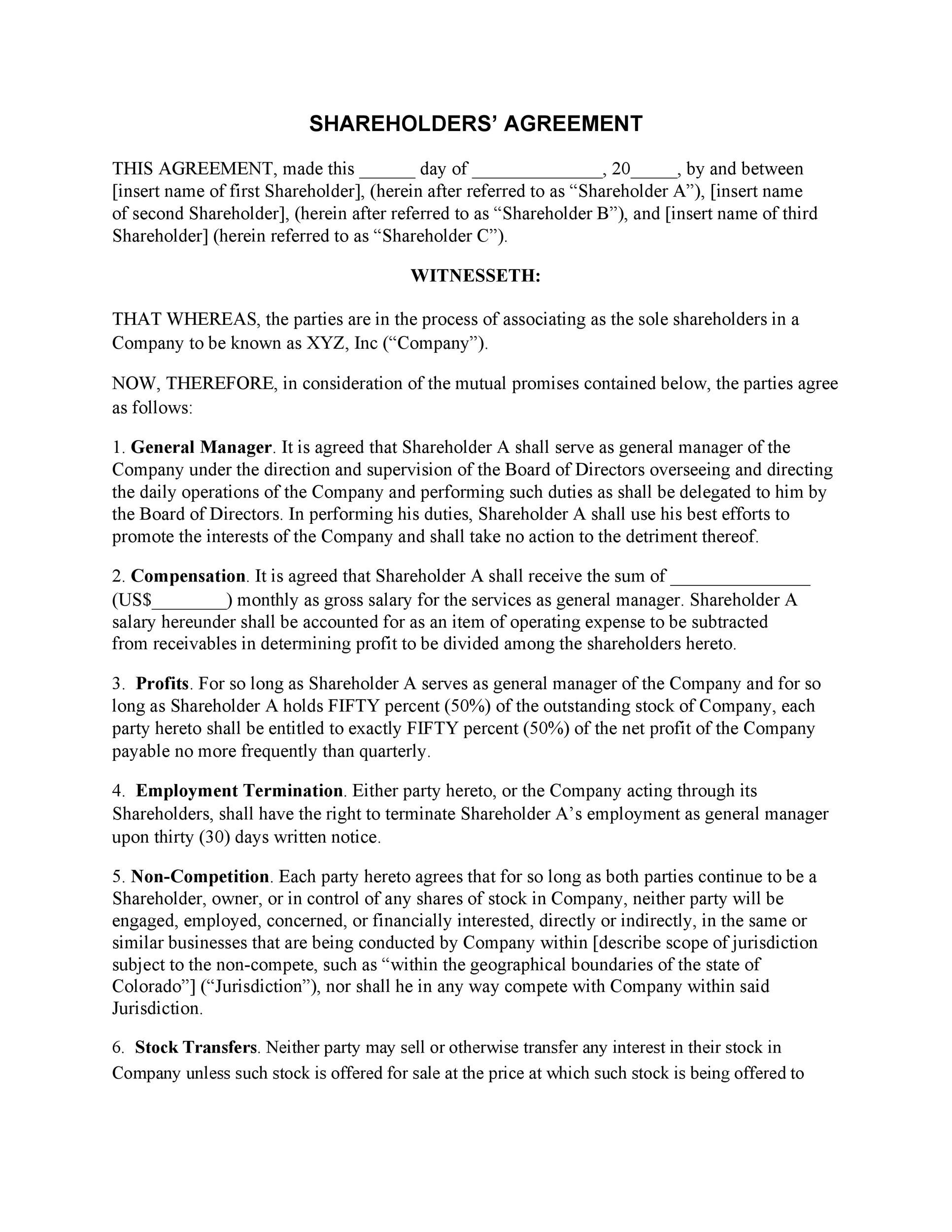 Example of Printable Shareholders Agreement Template Example of Printable Shareholders Agreement Template