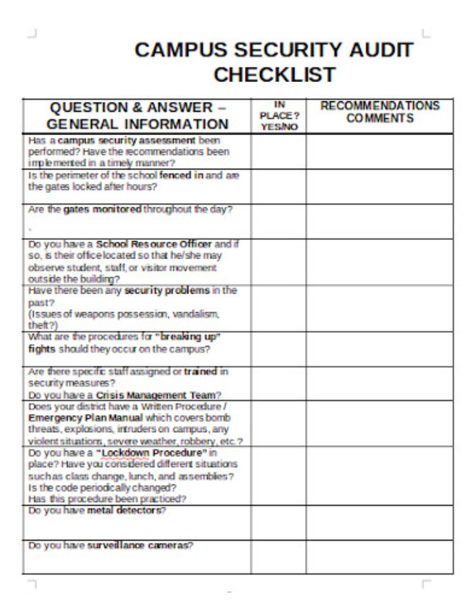 Example of School Safety Audit Checklist Template