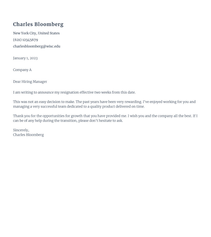 Example of Short Resignation Letter Template Example of Short Resignation Letter Template