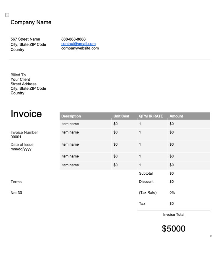 Example of Standard Invoice Template Example of Standard Invoice Template