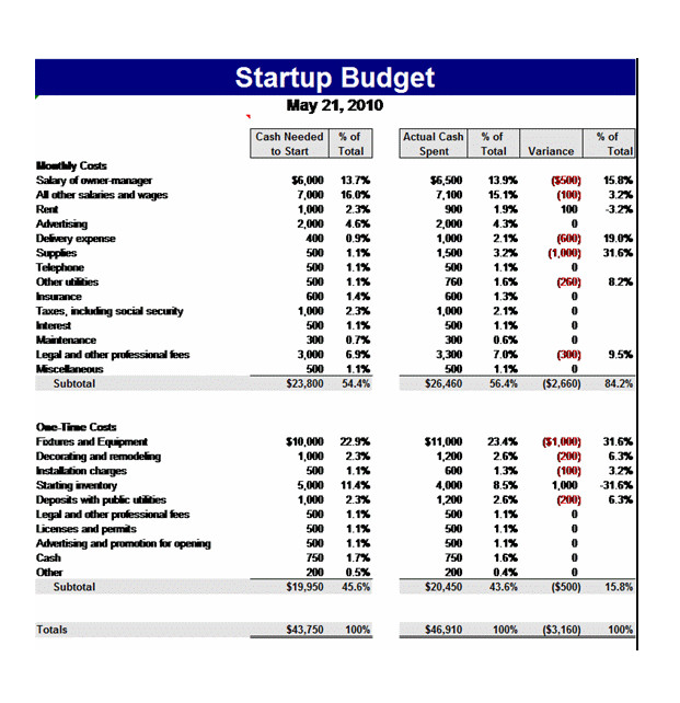 Example of Startup Business Budget Template