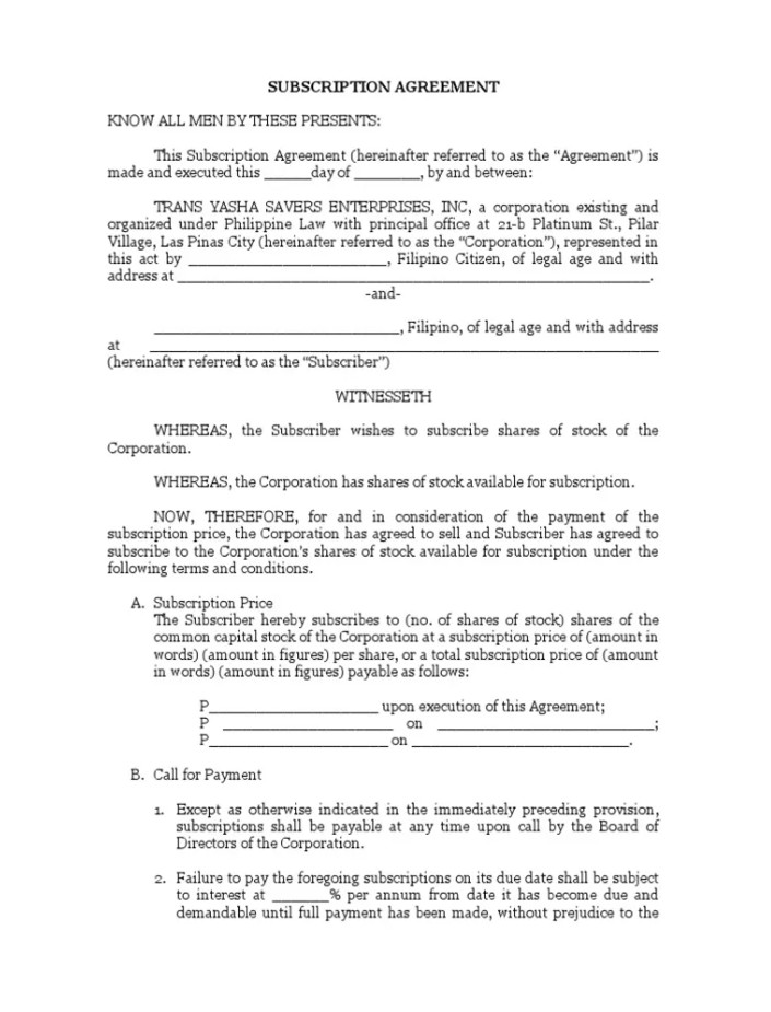 Example of Subscription Agreement Template Example of Subscription Agreement Template