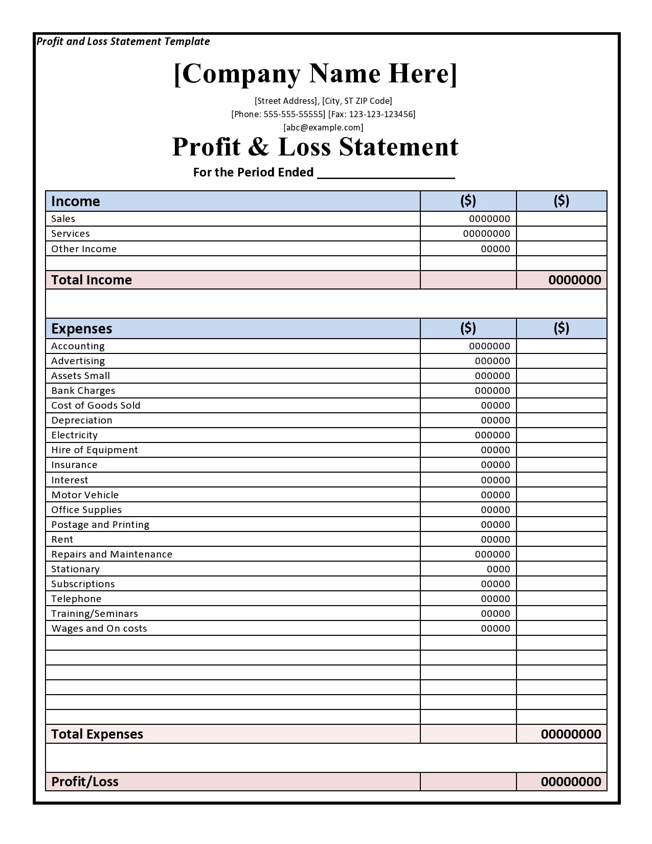 Example of Year-to-date Profit And Loss Statement Template