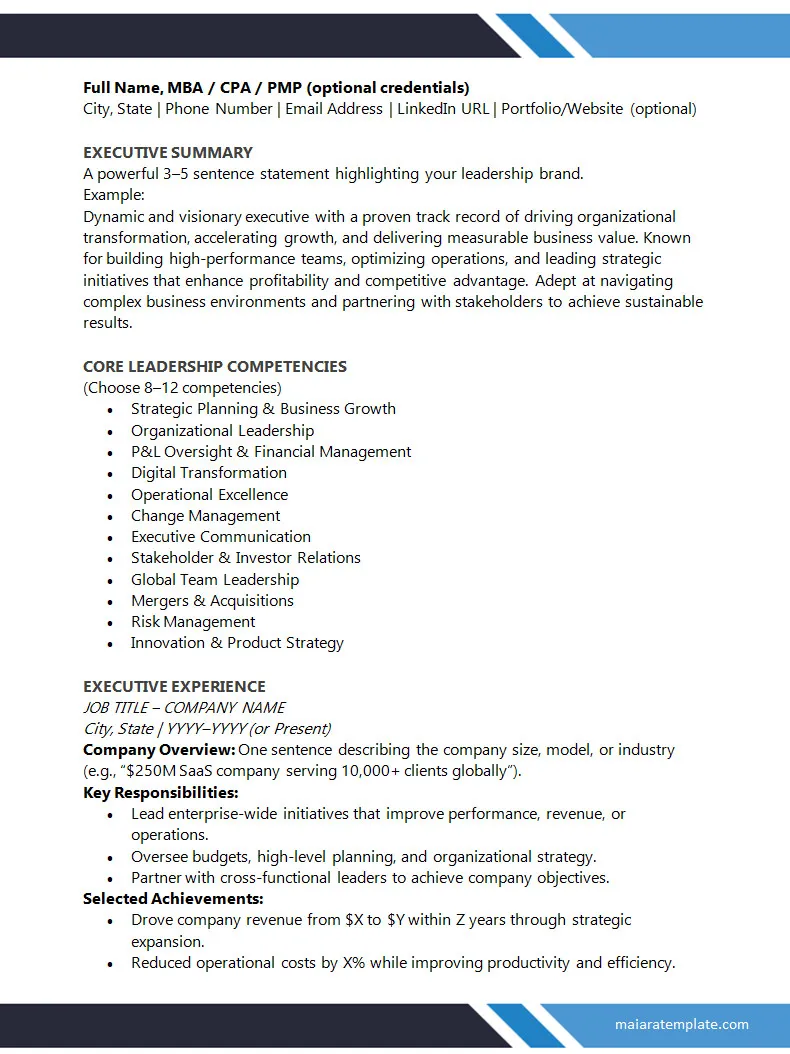 Executive Resume Template Word