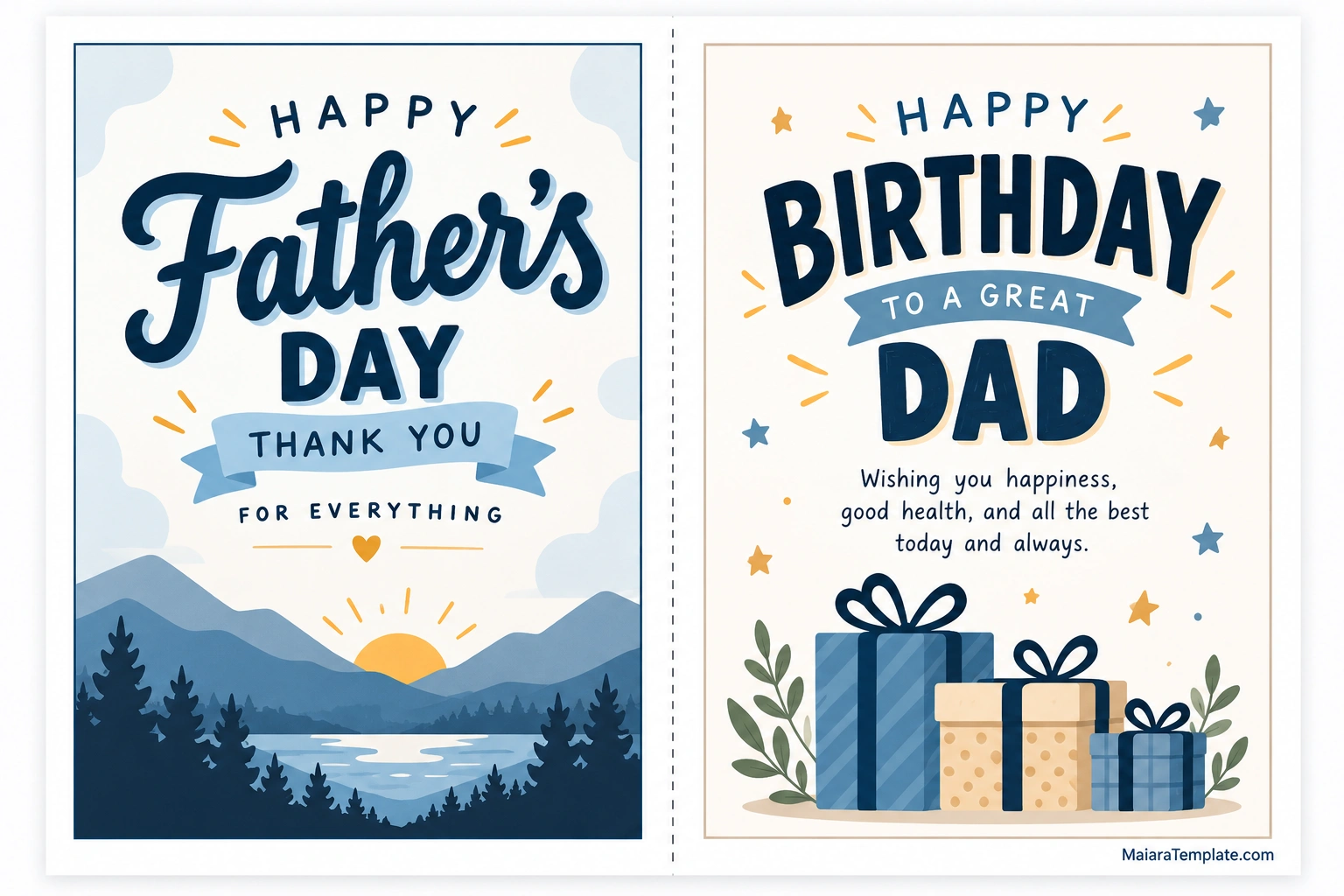 Father's Day Birthday Card Template Father's Day birthday card template featuring a Father's Day greeting with a mountain landscape and a birthday card for Dad with decorative gift illustrations.