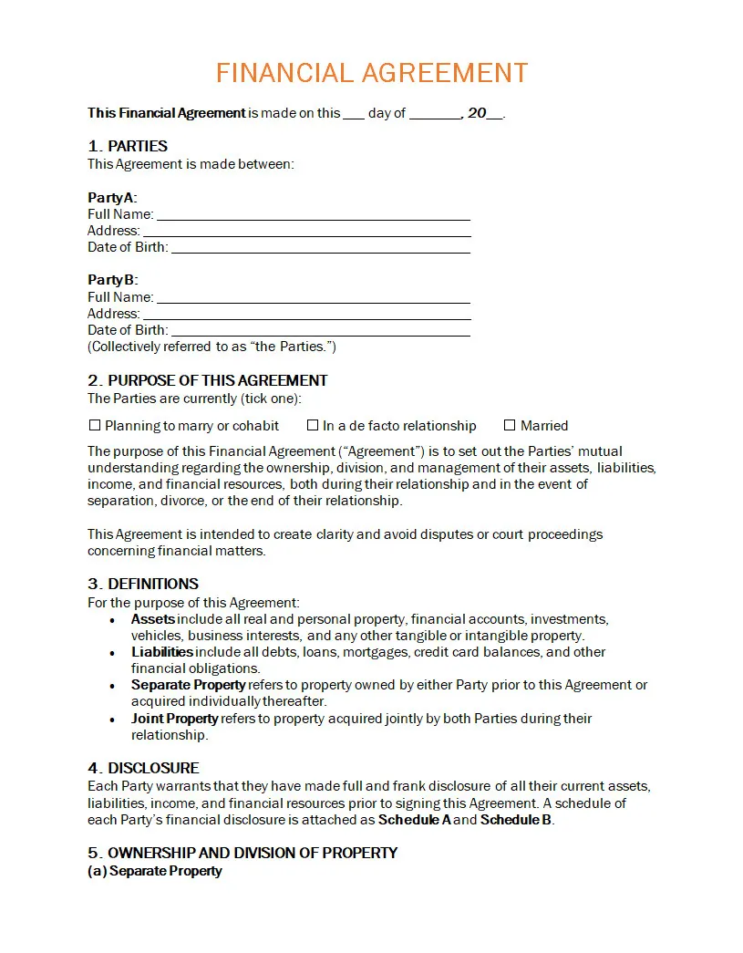 Financial Agreement Template Simple Financial Agreement Template Word