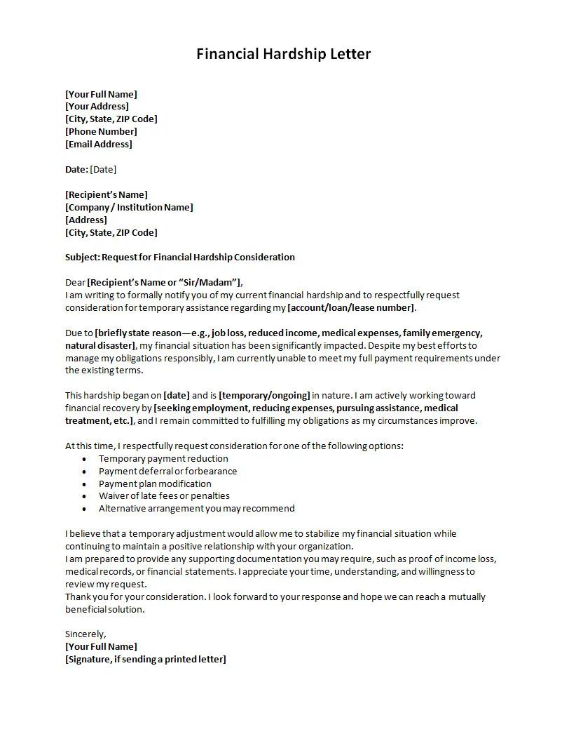 Simple Financial Hardship Letter Template Word