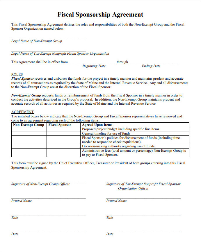Fiscal Sponsorship Agreement Template Fiscal Sponsorship Agreement Template
