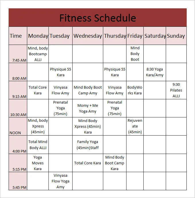 Simple Fitness Schedule Template