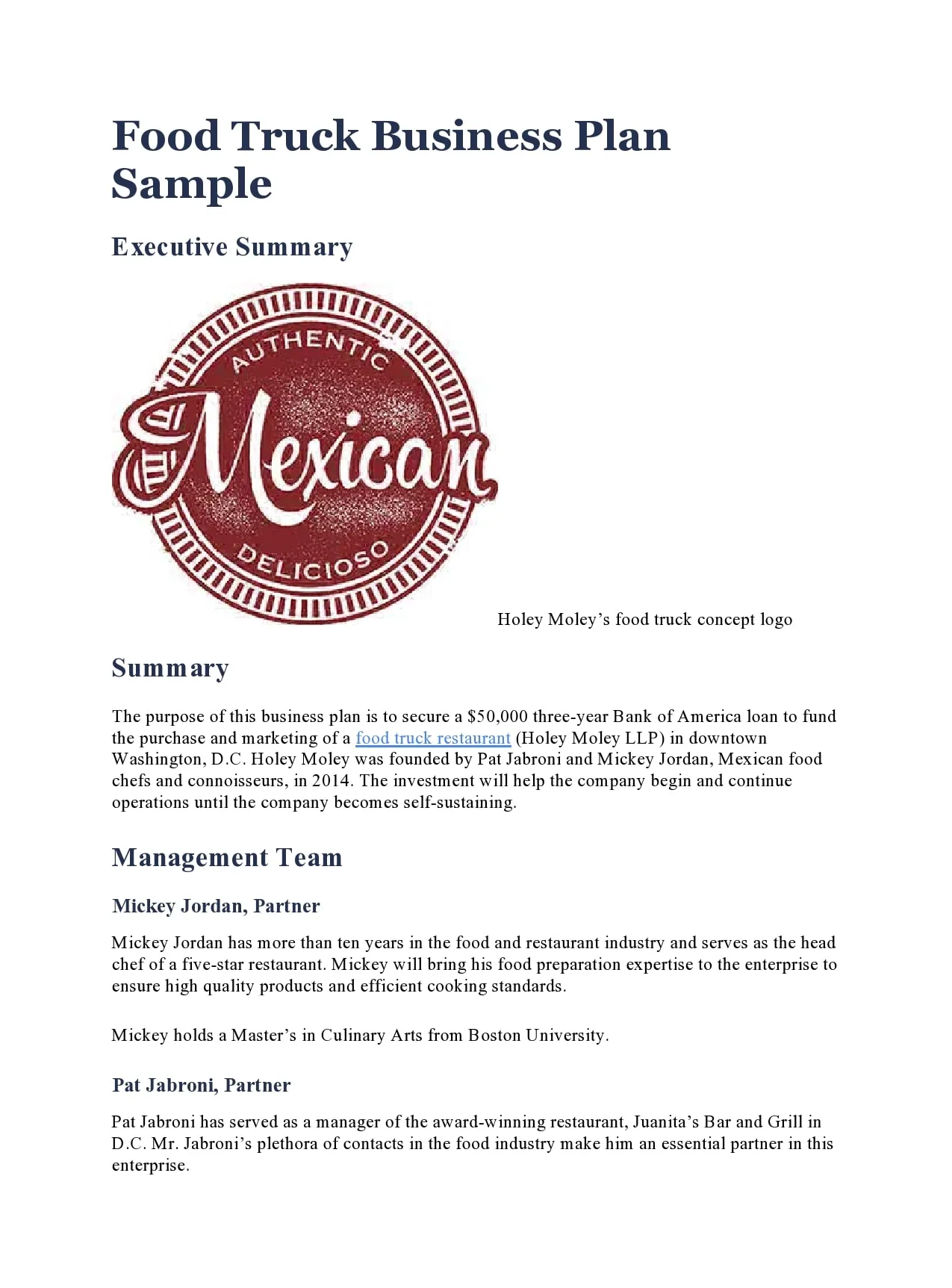 Food Truck Business Plan Template