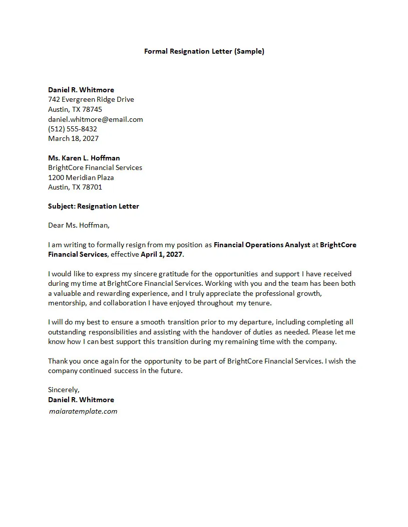 Formal Letter of Resignation Template Formal Letter of Resignation Template