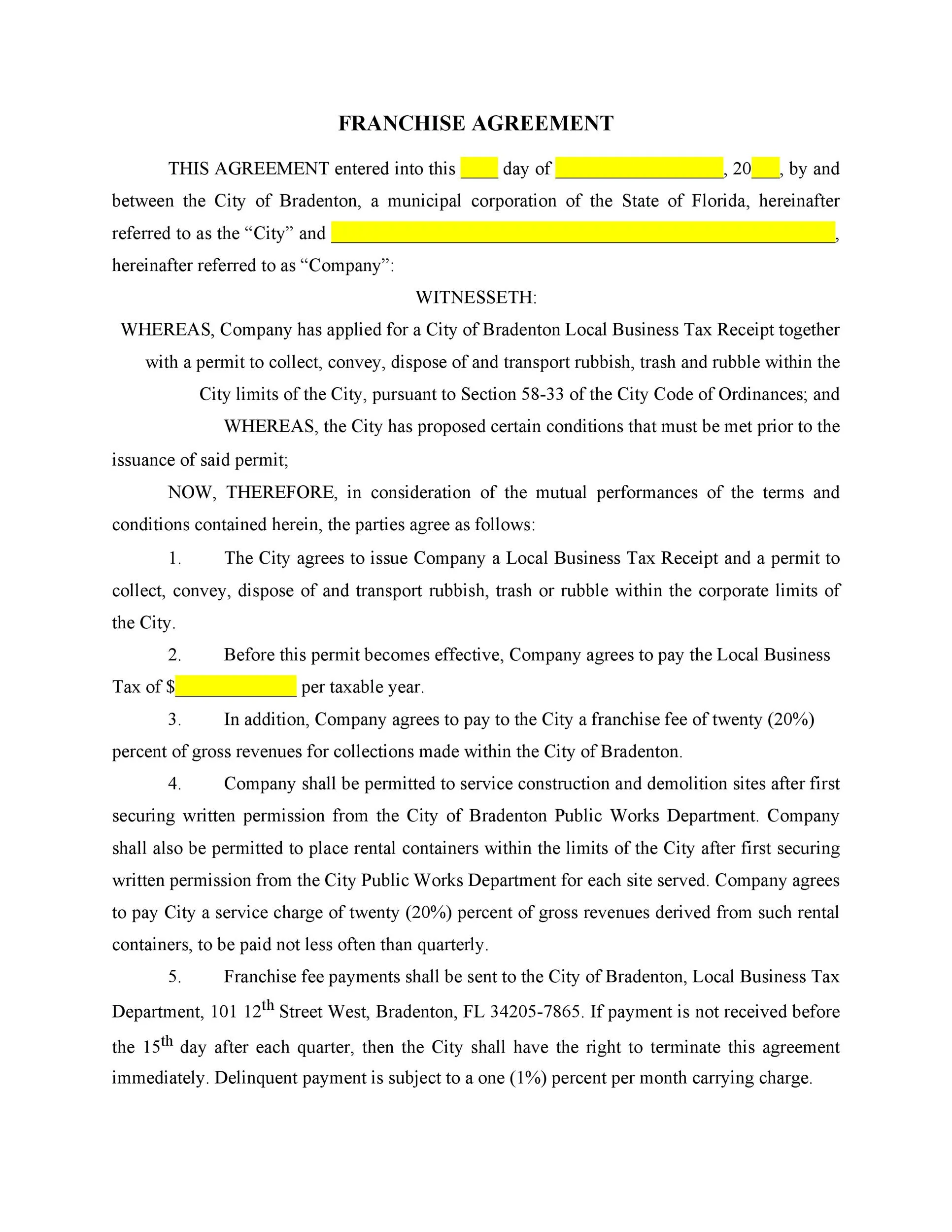 Franchise Agreement Template