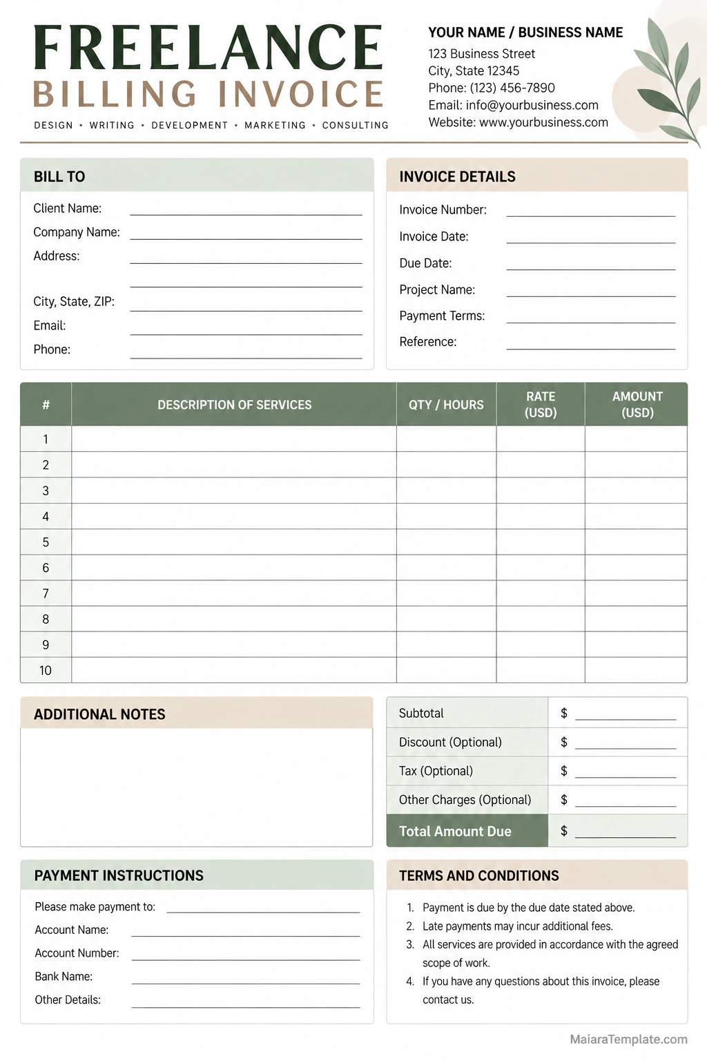Freelance Billing Invoice Template Printable Freelance Billing Invoice Template With Client Details, Service Descriptions, Hours, Rates, and Total Amount Due