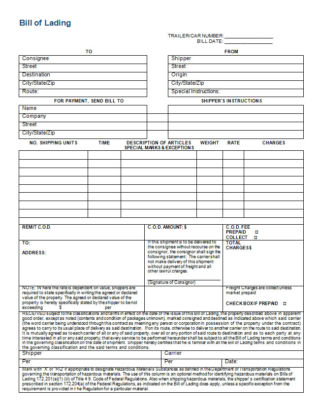 Generic Bill of Lading Form Generic Bill of Lading Form