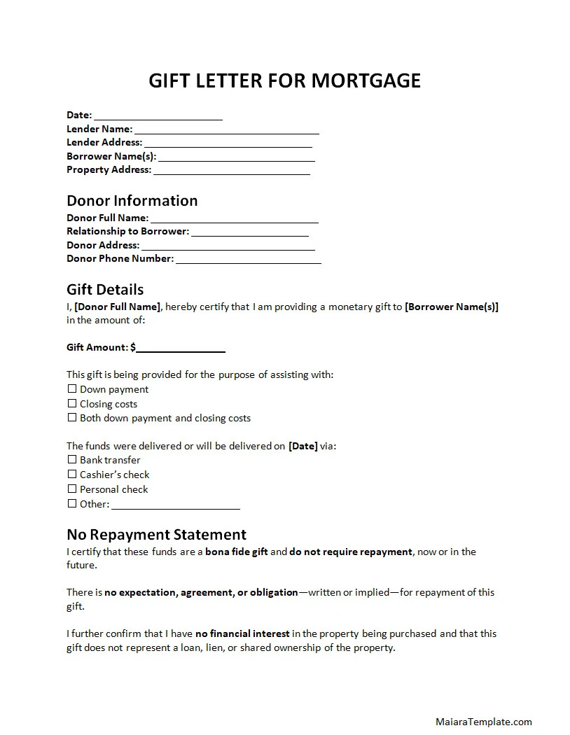 Gift Letter Template for Mortgage