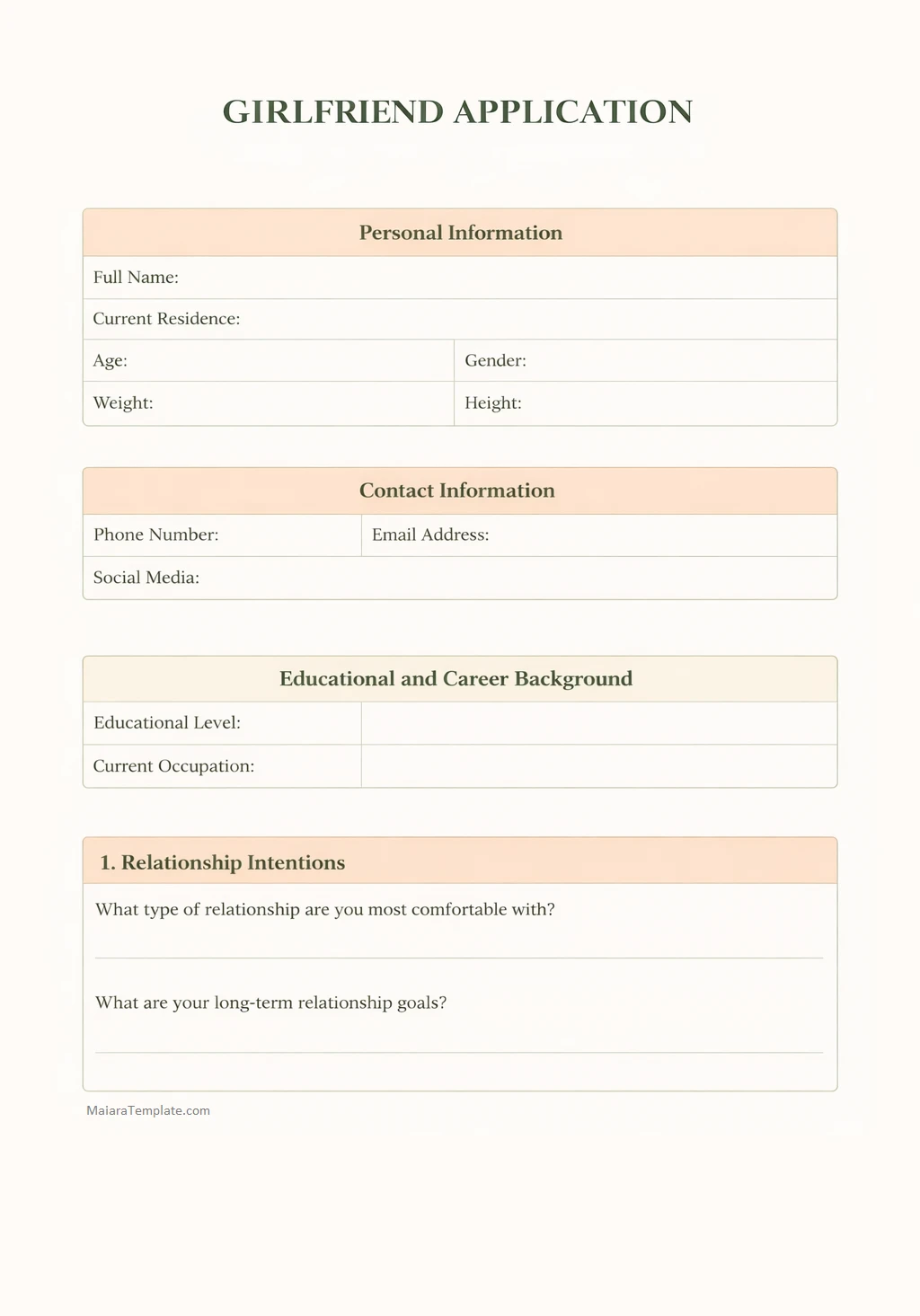 Girlfriend Application Form Simple Blank Girlfriend Application Form Template
