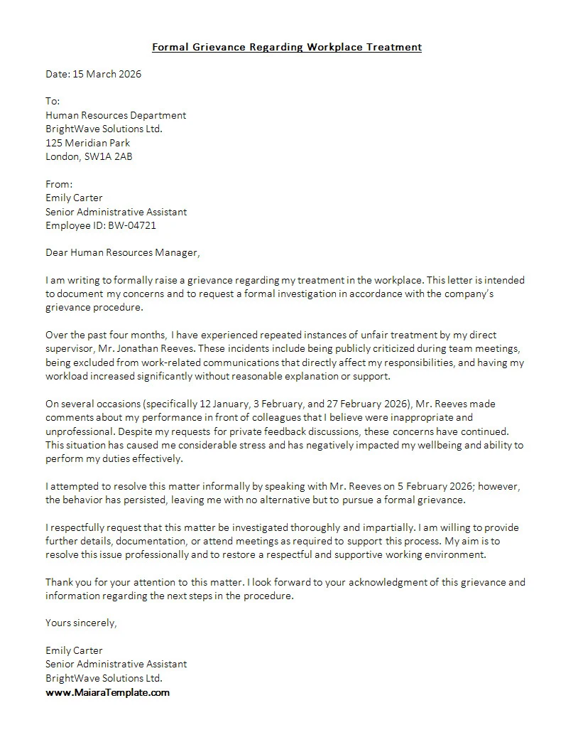 Grievance Letter Template Word