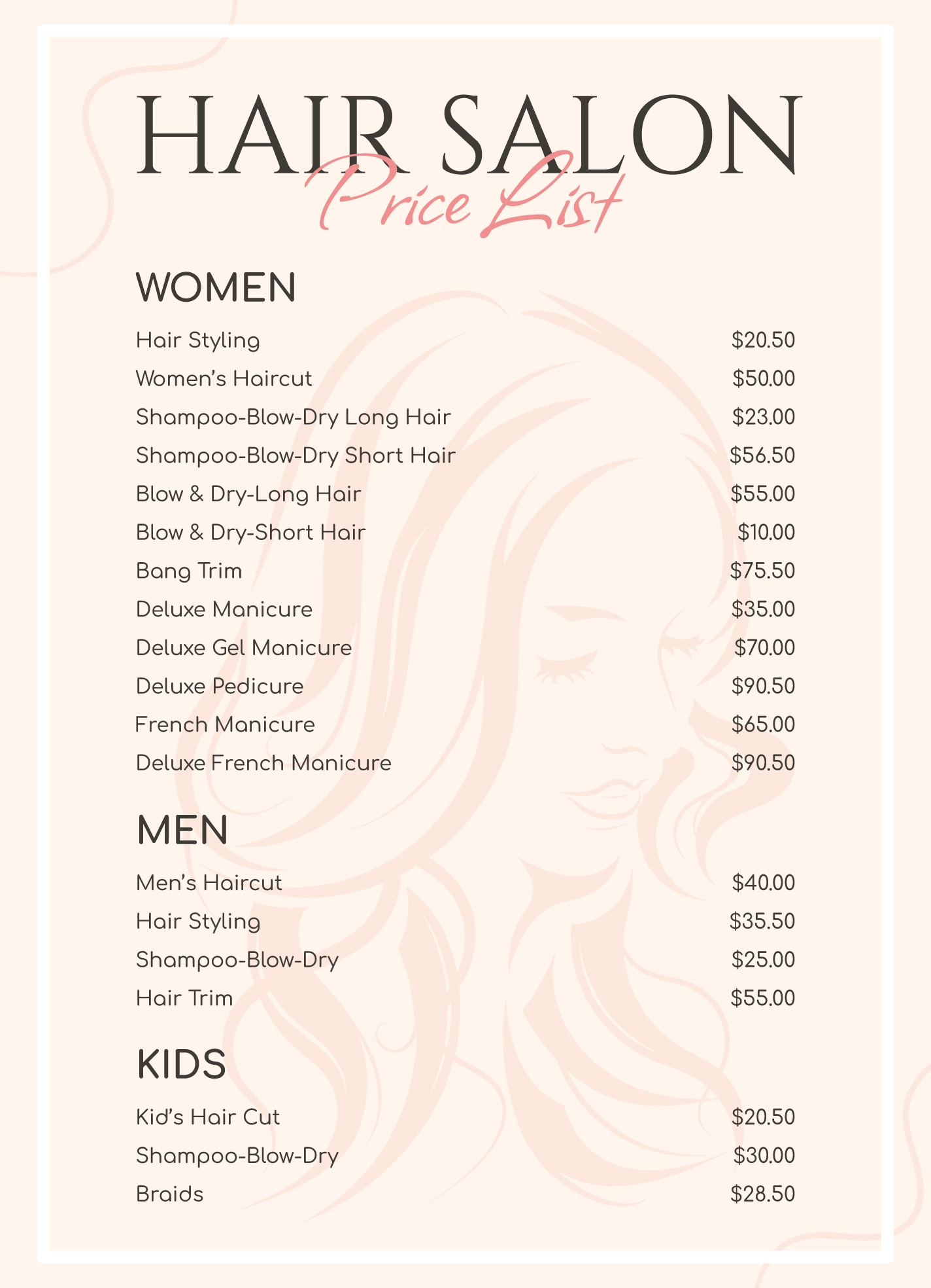 Hair Salon Price List Template Simple Hair Salon Price List Template Word