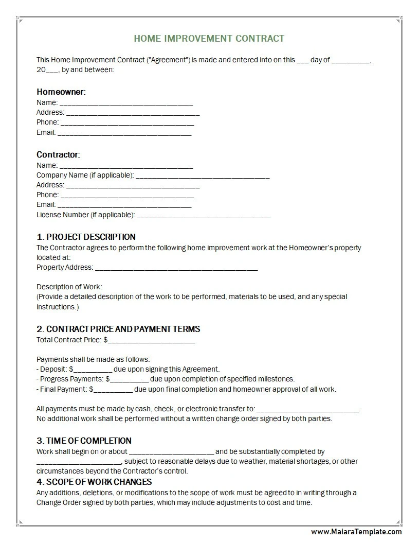 Home Improvement Contract Template Word