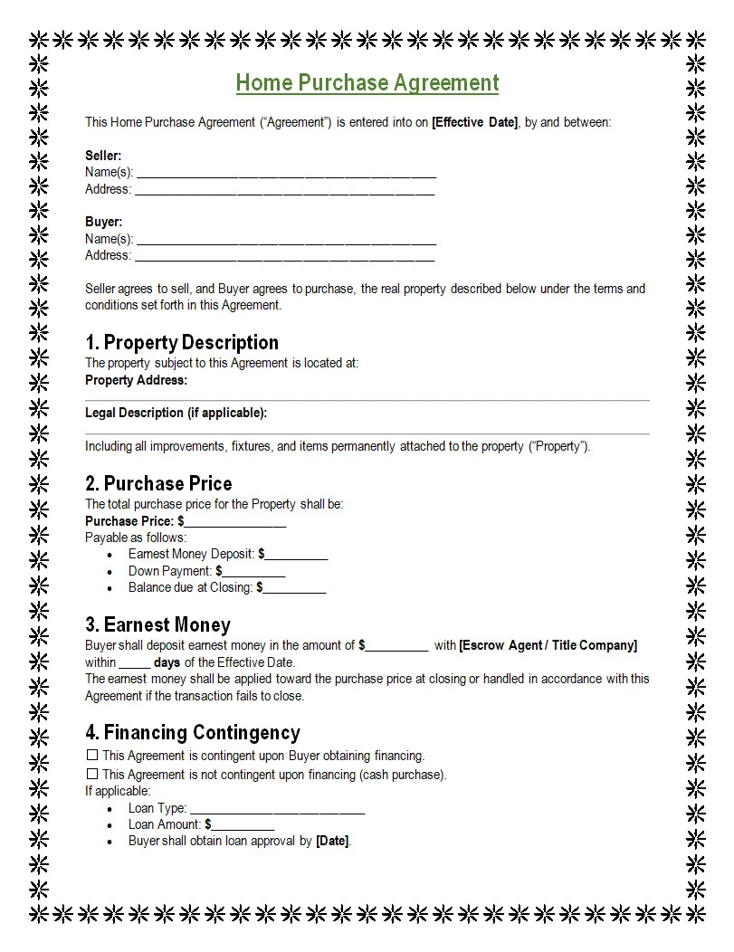 Home Purchase Agreement Template Home Purchase Agreement Template