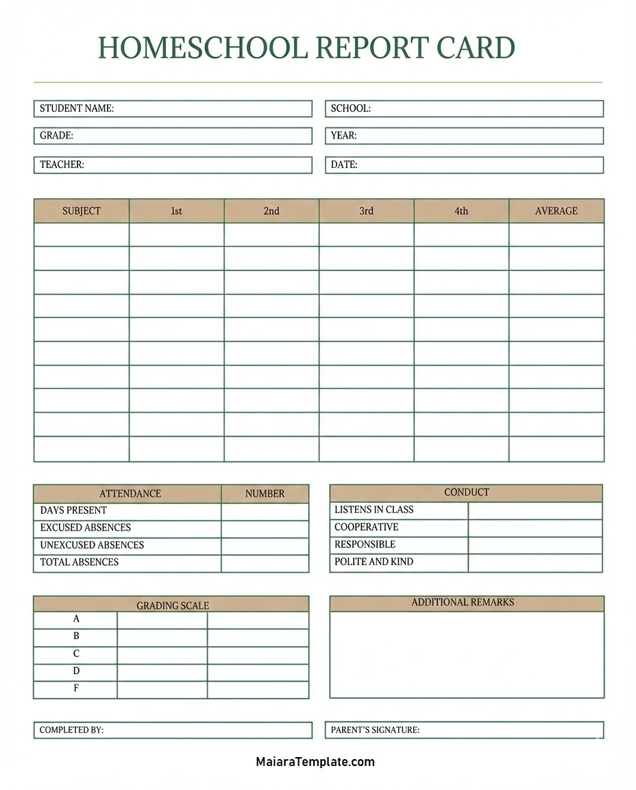 Homeschool Report Card Template Simple Blank Homeschool Report Card Template